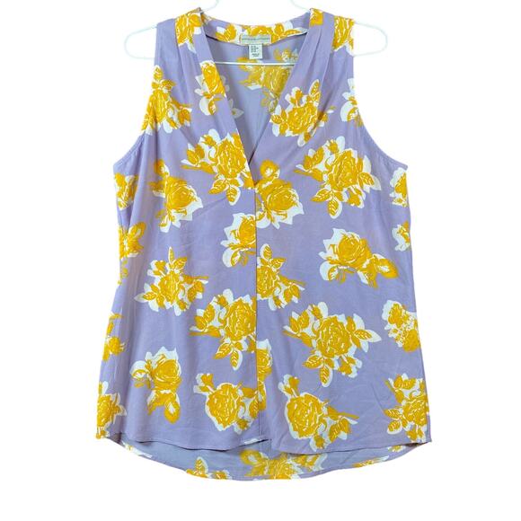 Adrienne Vittadini Womens Blouse Purple Yellow V Neck Sleeveless Tank Stretch M - Picture 1 of 10